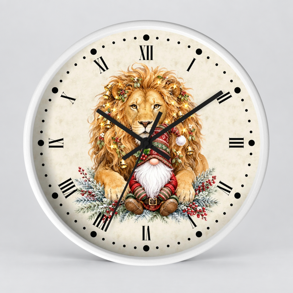 Round wall clock with a white frame and a festive illustration of a lion and a Christmas gnome on the face, set against a light gray background.