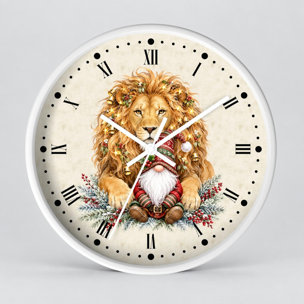 Round wall clock with a white frame and a decorative face featuring a lion and a gnome surrounded by greenery and red berries, with black Roman numerals and white hands on a light gray background.