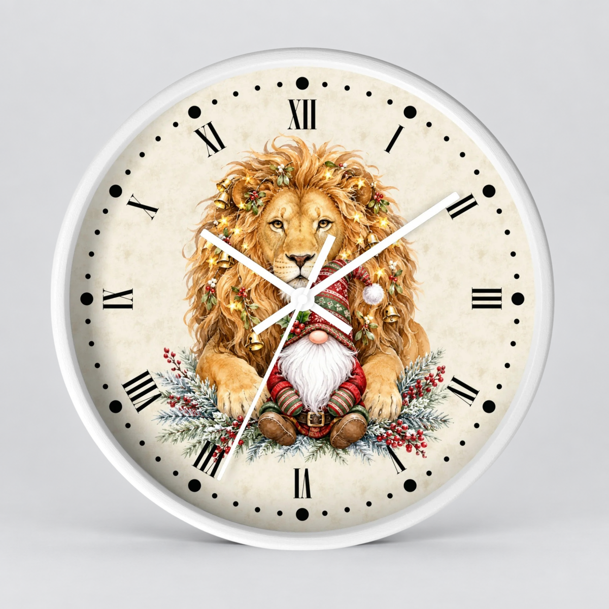 Round wall clock with a white frame and a decorative face featuring a lion and a gnome surrounded by greenery and red berries, with black Roman numerals and white hands on a light gray background.