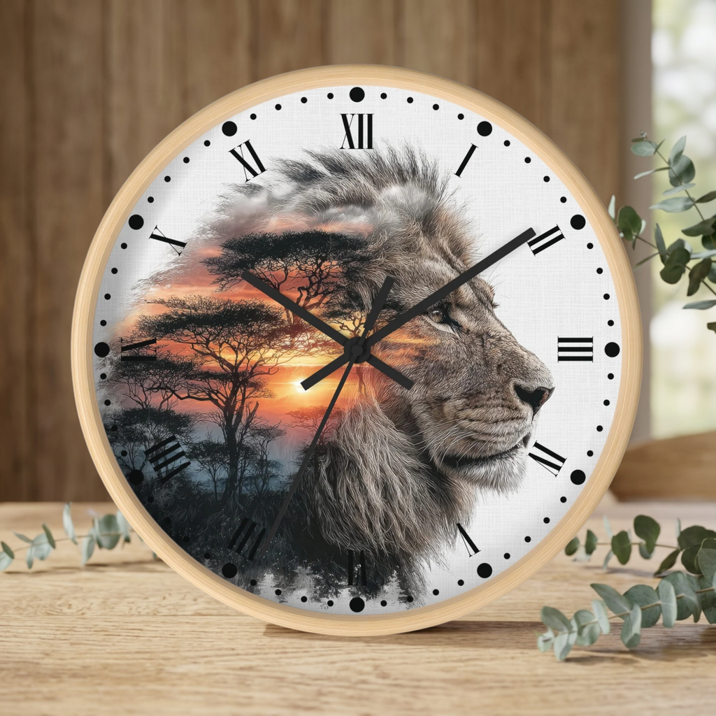 A round wall clock with a light wood frame sits on a wooden surface. The clock face features a photographic lion head layered over a savanna sunset scene with acacia trees.