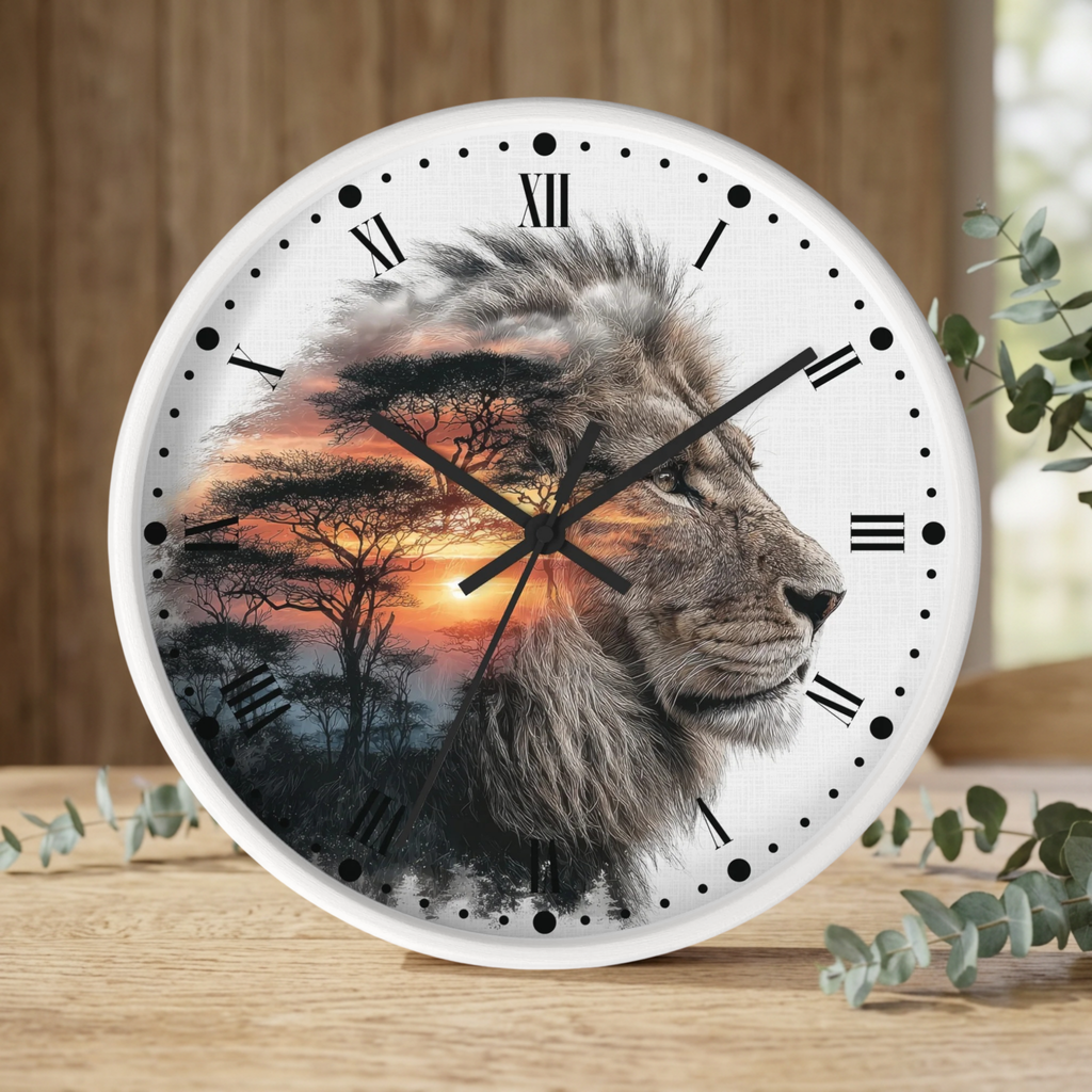 A round wall clock with a white frame and black Roman numerals, featuring a double-exposure design of a lion's face over an African savanna sunset scene. The clock is displayed on a wooden surface with eucalyptus leaves and a wooden wall background.