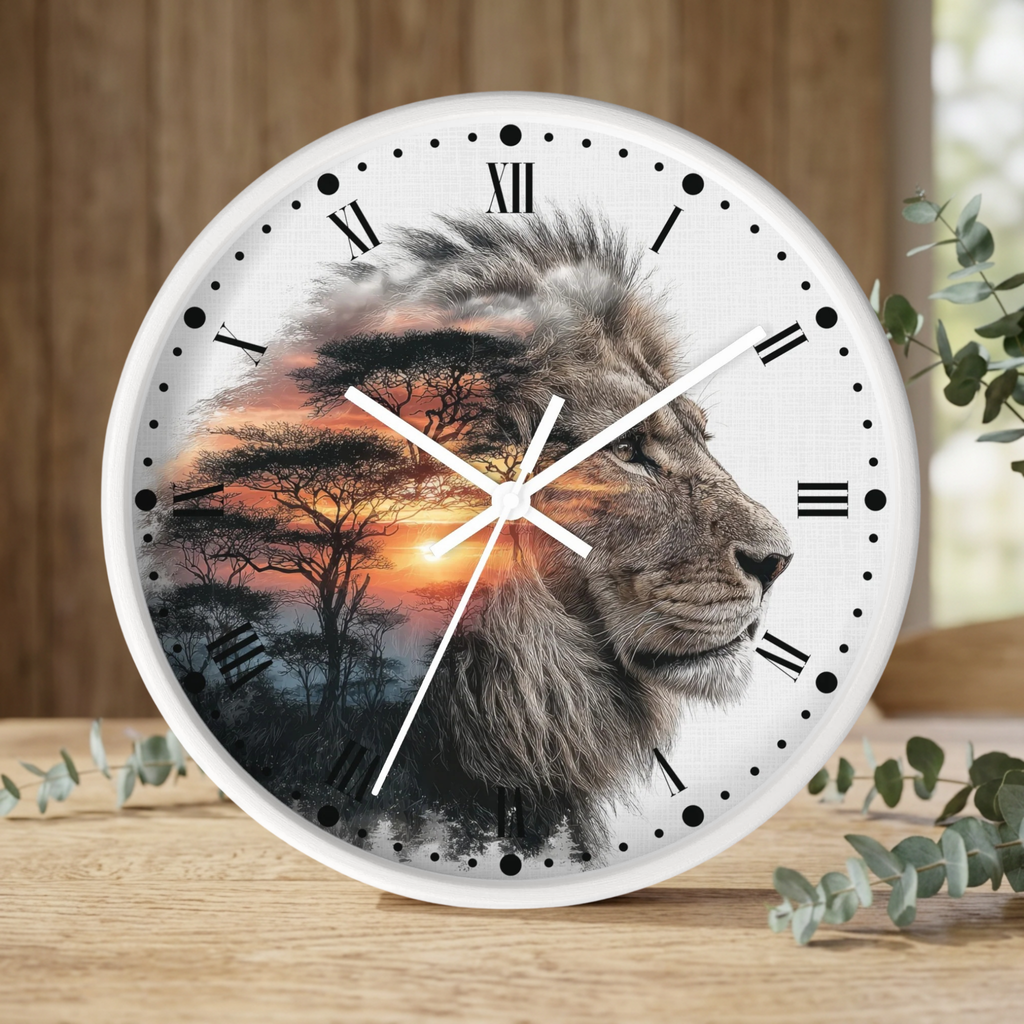 A round wall clock with a white frame and Roman numerals, featuring a printed design of a lion's face over an African savanna sunset scene. The clock is styled on a wooden tabletop with eucalyptus leaves and a wooden wall background.