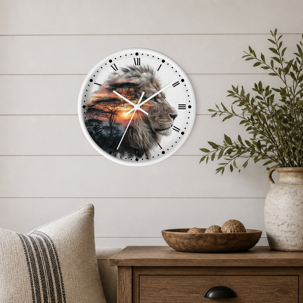 A round wall clock with a white frame hangs on a light wood paneled wall above a wooden side table. The clock face features a photographic lion portrait with a sunset sky overlay.