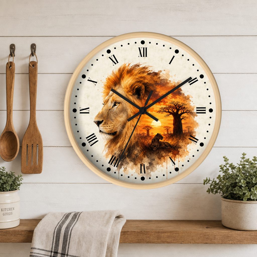 A round wall clock with a light wood frame hangs on a white wood-paneled wall above a shelf. The clock face features a watercolor-style lion portrait in warm orange, brown, and beige tones, with black Roman numerals and hands.