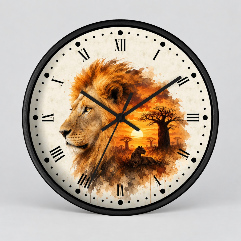 A round wall clock with a black frame and a printed safari design featuring a lion profile, an orange sunset, and a tree silhouette on the clock face, with black Roman numerals and hands on a light gray background.