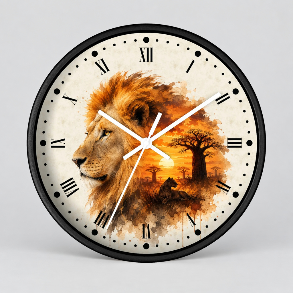 A round wall clock with a black frame and a printed safari design featuring a lion profile, an orange sunset, acacia trees, and a small lion cub. The clock face has an off-white background with black Roman numerals and white clock hands, shown against a light gray studio background.