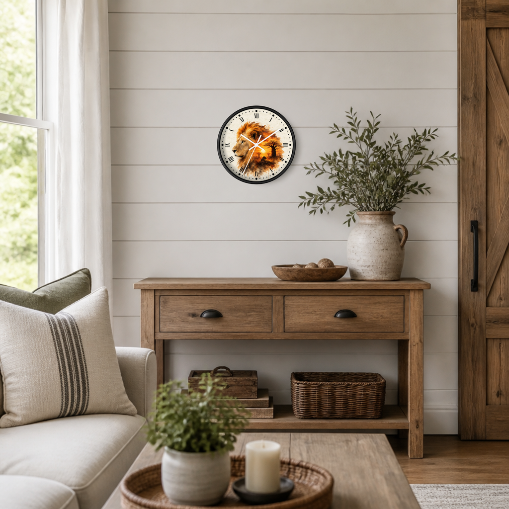 A round wall clock with a colorful lion design and white clock hands, mounted on a white shiplap wall above a rustic wooden console table in a bright, modern farmhouse living room.