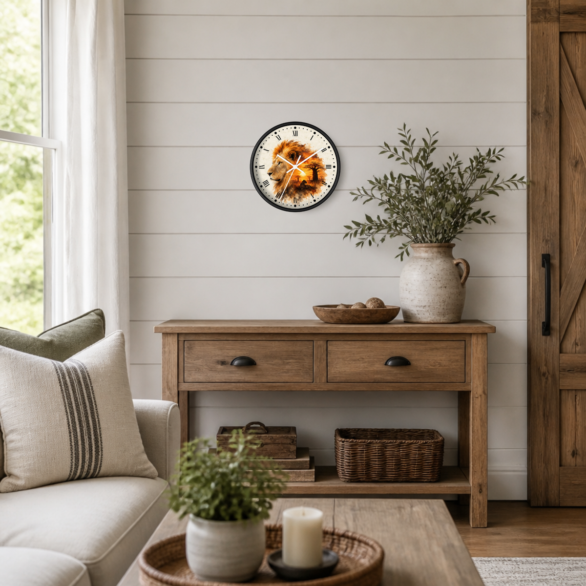 A round wall clock with a colorful lion design and white clock hands, mounted on a white shiplap wall above a rustic wooden console table in a bright, modern farmhouse living room.