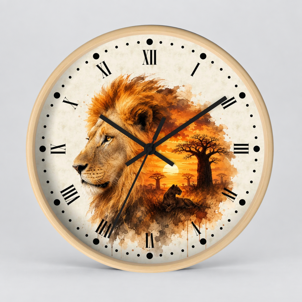 Round wall clock with a light wood frame and a printed safari design featuring a lion profile, sunset, acacia trees, and a seated figure, with black Roman numerals and hands on a light gray background.