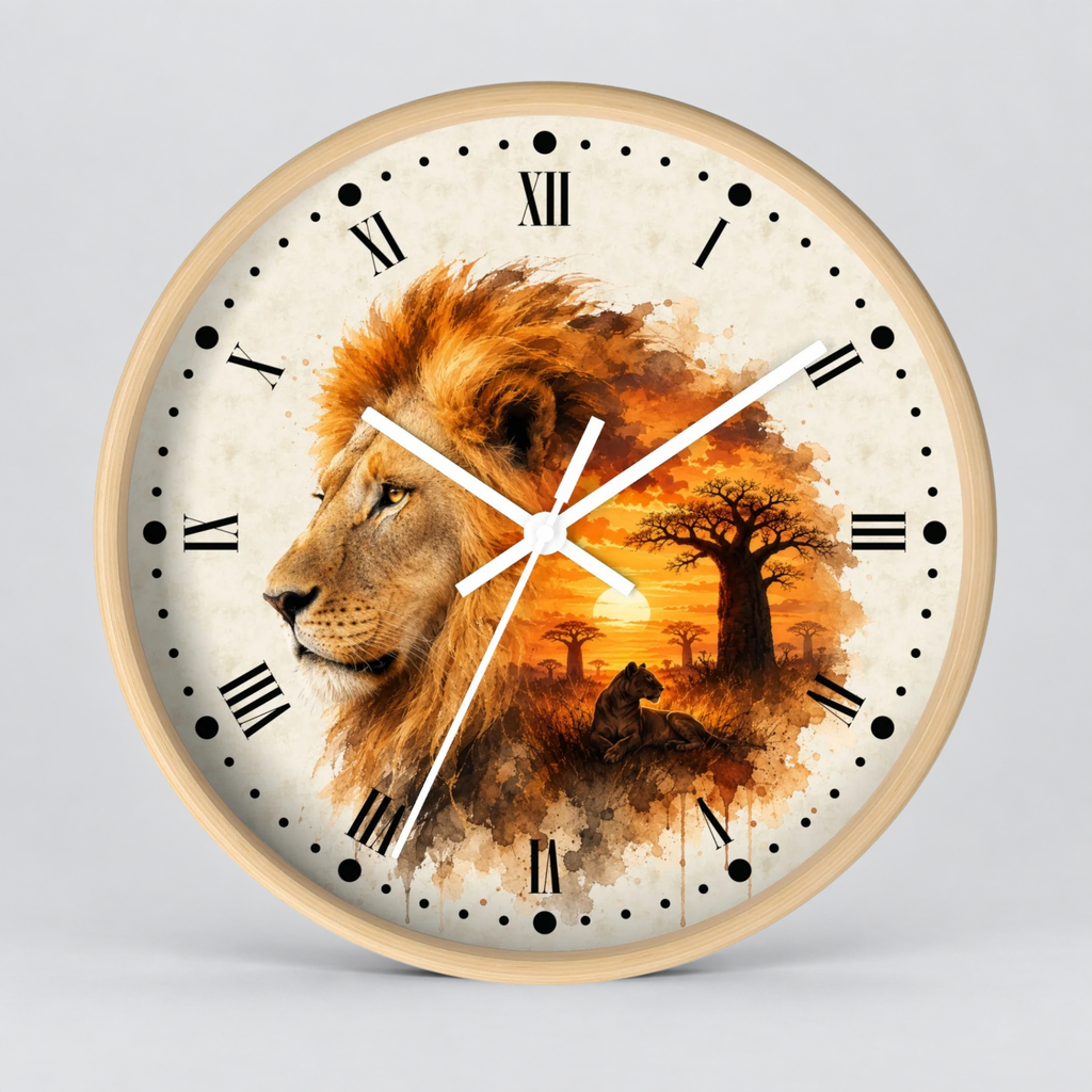 Round wall clock with a light wood frame and a printed design featuring a lion profile, a seated figure, and an African savanna sunset scene. The clock face is off-white with black Roman numerals and black dot hour markers, and the hands are white.
