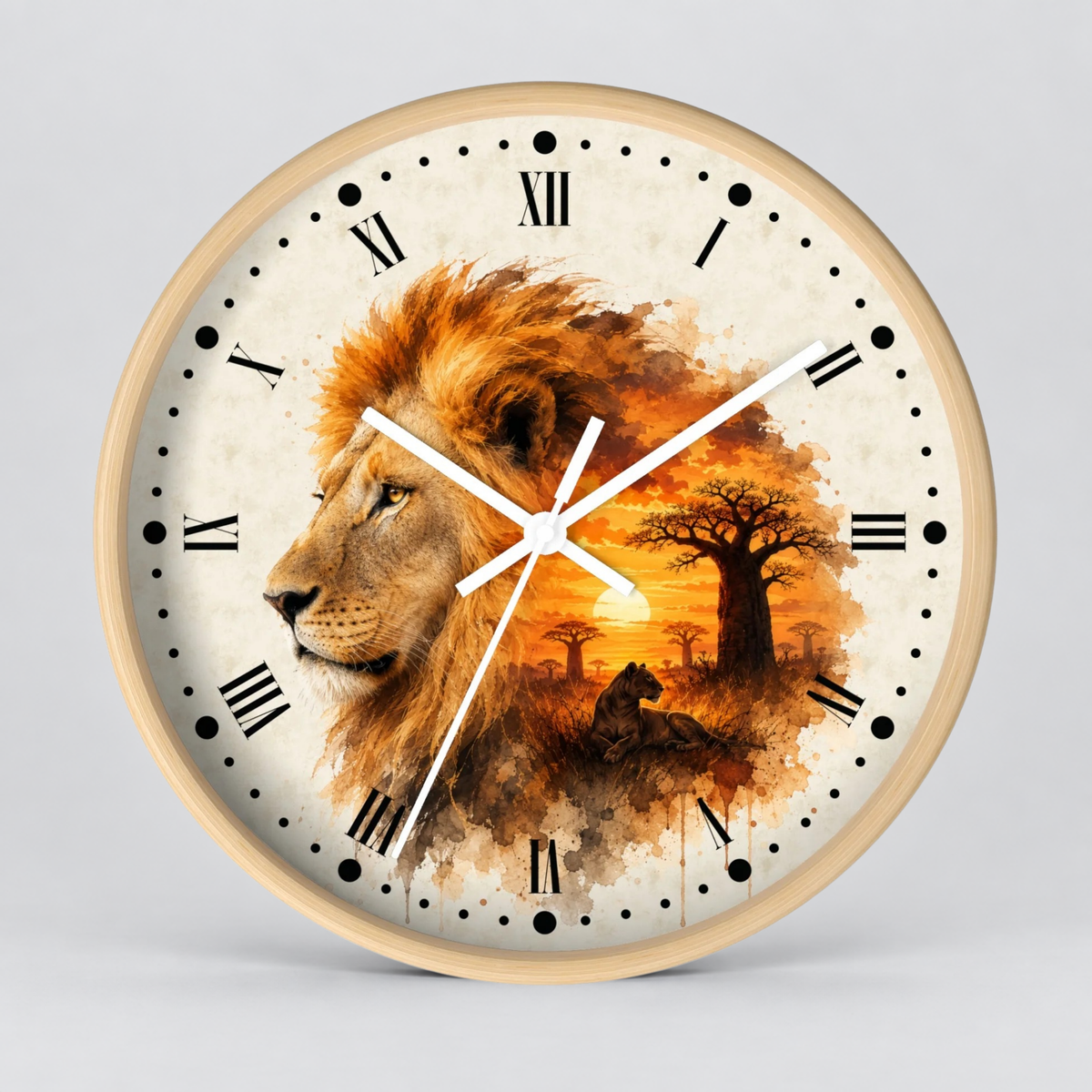 Round wall clock with a light wood frame and a printed design featuring a lion profile, a seated figure, and an African savanna sunset scene. The clock face is off-white with black Roman numerals and black dot hour markers, and the hands are white.