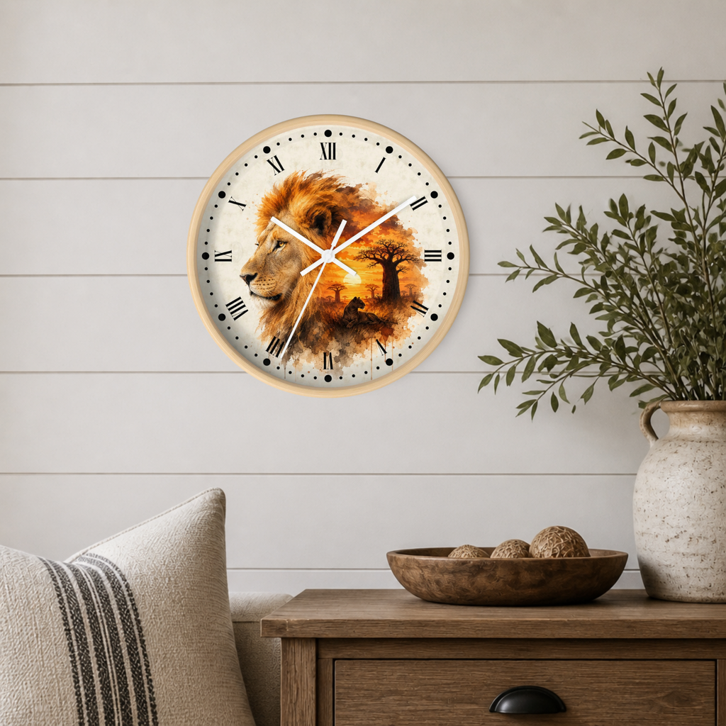 A round wall clock with a light wood frame hangs on a white shiplap wall above a wooden side table. The clock face features a watercolor-style lion illustration in warm brown, orange, and beige tones, with black Roman numerals and white hands.