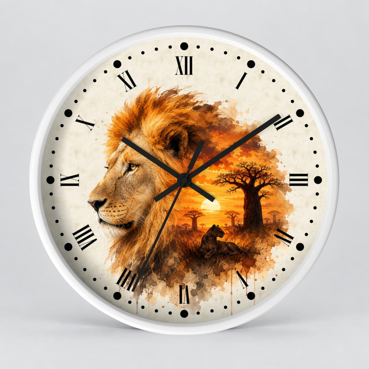 A round wall clock with a white frame and a printed face featuring a lion profile over an African savanna sunset scene with a tree and a resting lion cub. The clock has black Roman numerals and black hands on a light gray background.