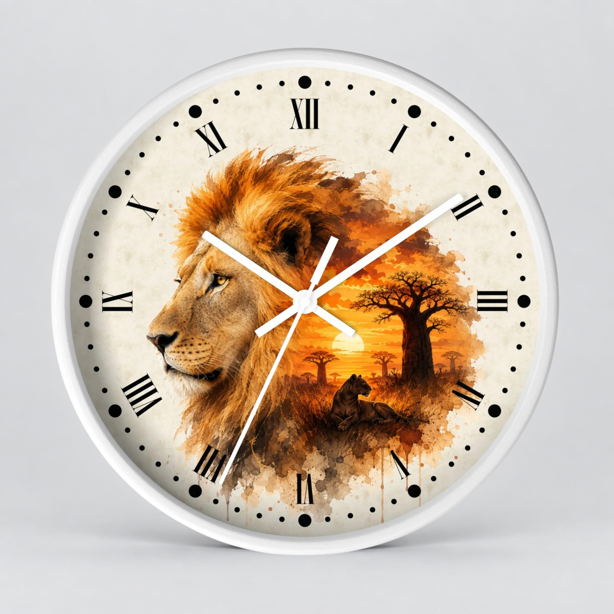 A round wall clock with a white frame and a printed safari design featuring a lion profile, sunset, acacia trees, and a seated figure. The clock face has Roman numerals and black dot hour markers, with white clock hands.