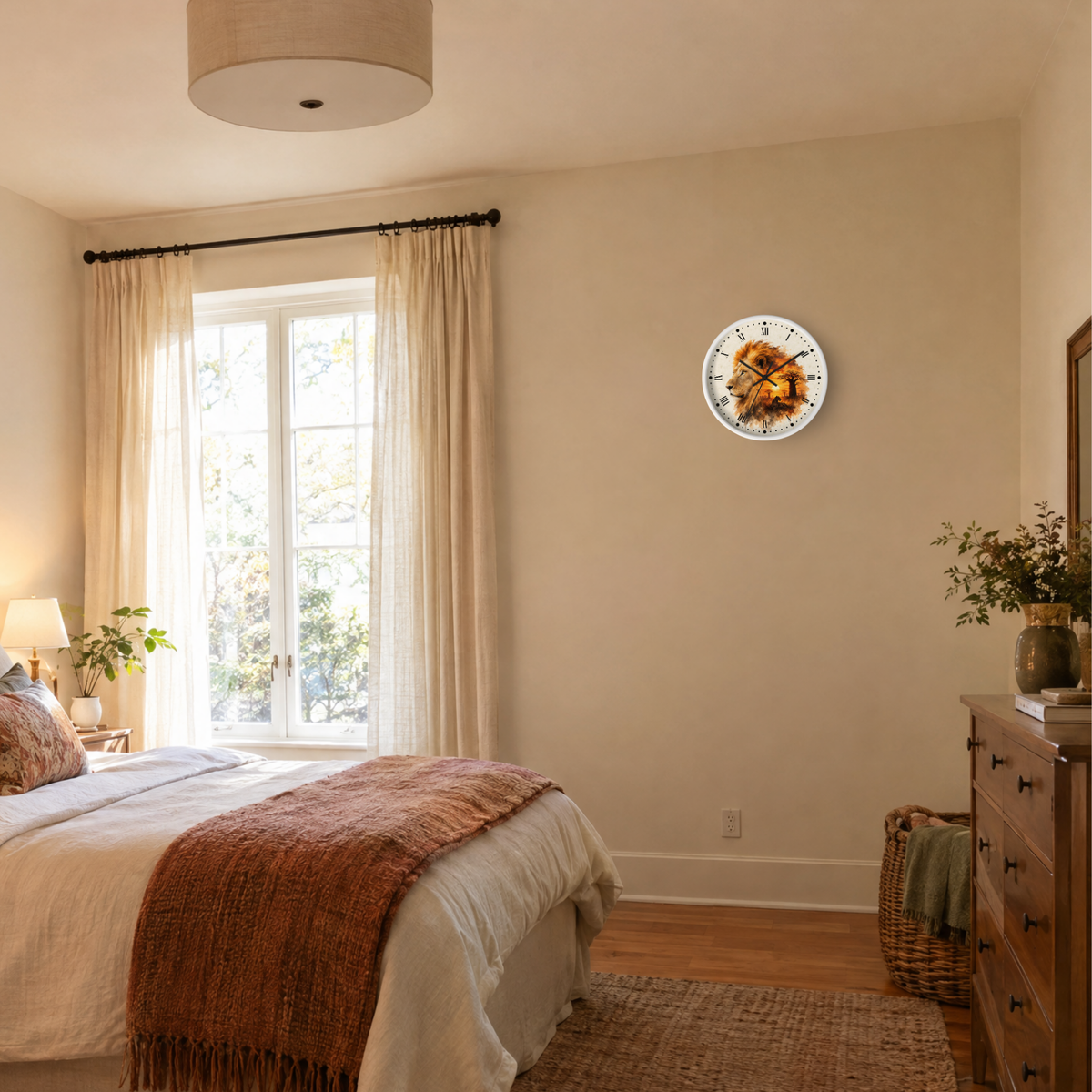 A round wall clock with a colorful lion layered portrait design in the center, mounted on a beige bedroom wall above a wooden dresser.