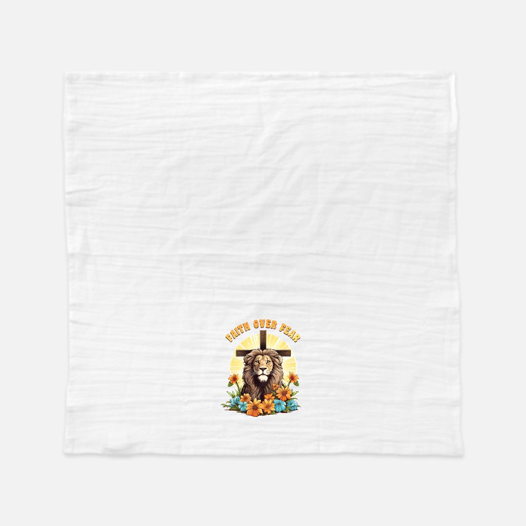 Extra Large white tea towel a lion graphic and text on a white background