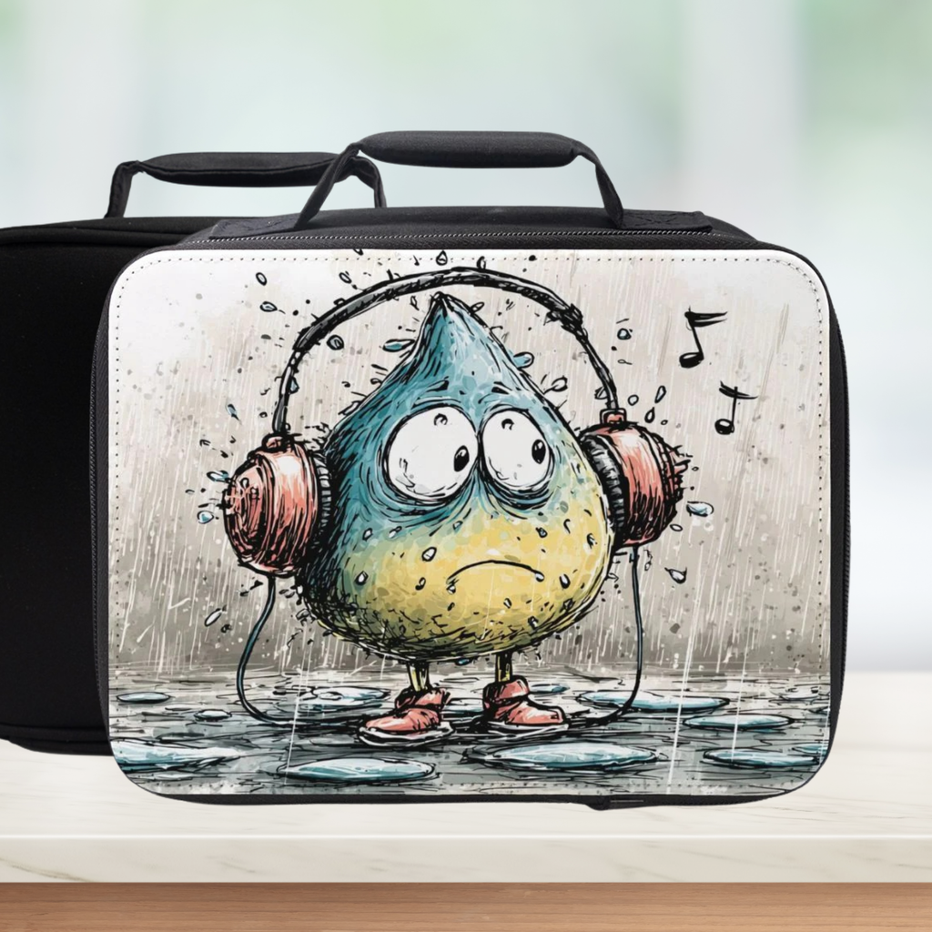  insulated lunch bag with cartoon raindrop wearing headphones design on a white background