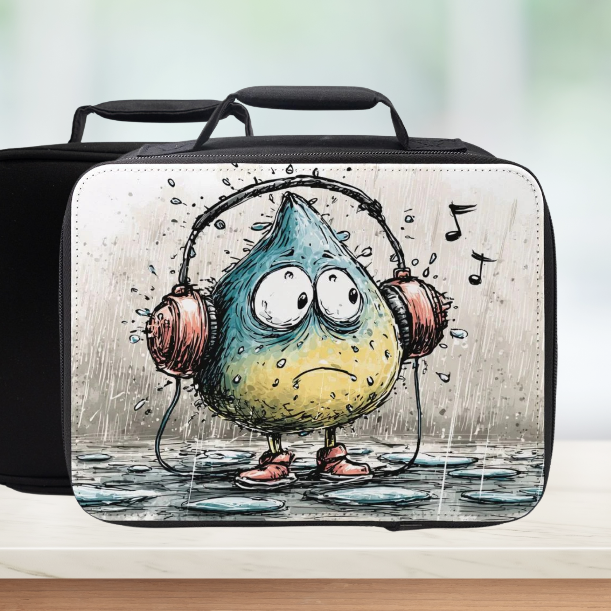  insulated lunch bag with cartoon raindrop wearing headphones design on a white background