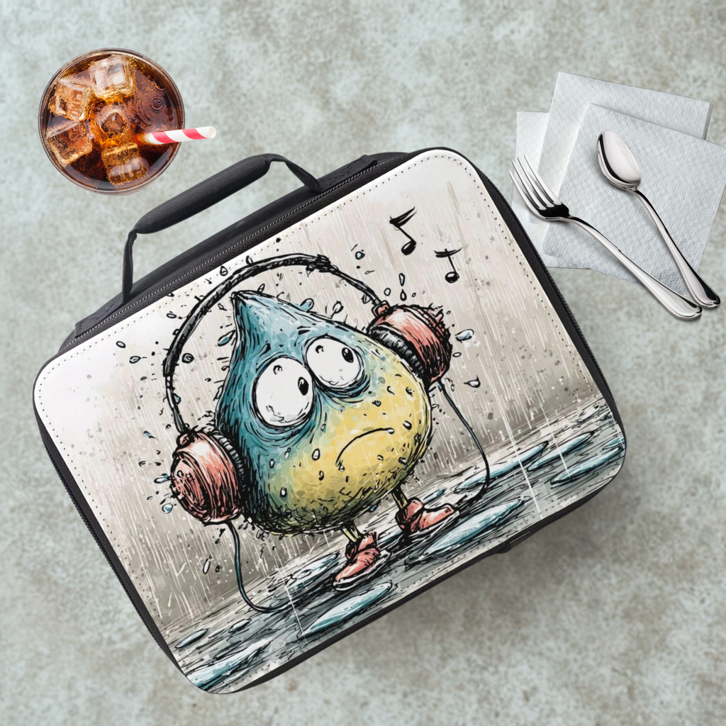 Lunch bag with a cartoon character raindrop wearing headphones on a cafeteria table with a drink and utensils.
