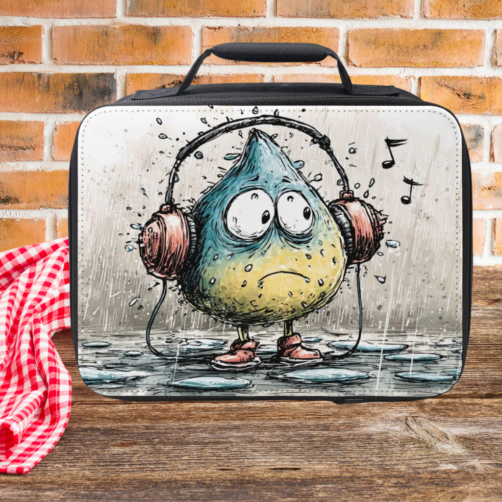 Lunch bag with a cartoon character wearing headphones on a picnic table against a brick wall background