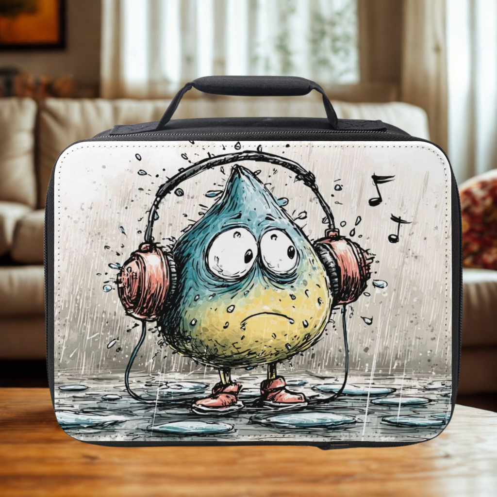 Lunch bag with a cartoon water droplet wearing headphones on a wooden coffee table in a cozy living room.