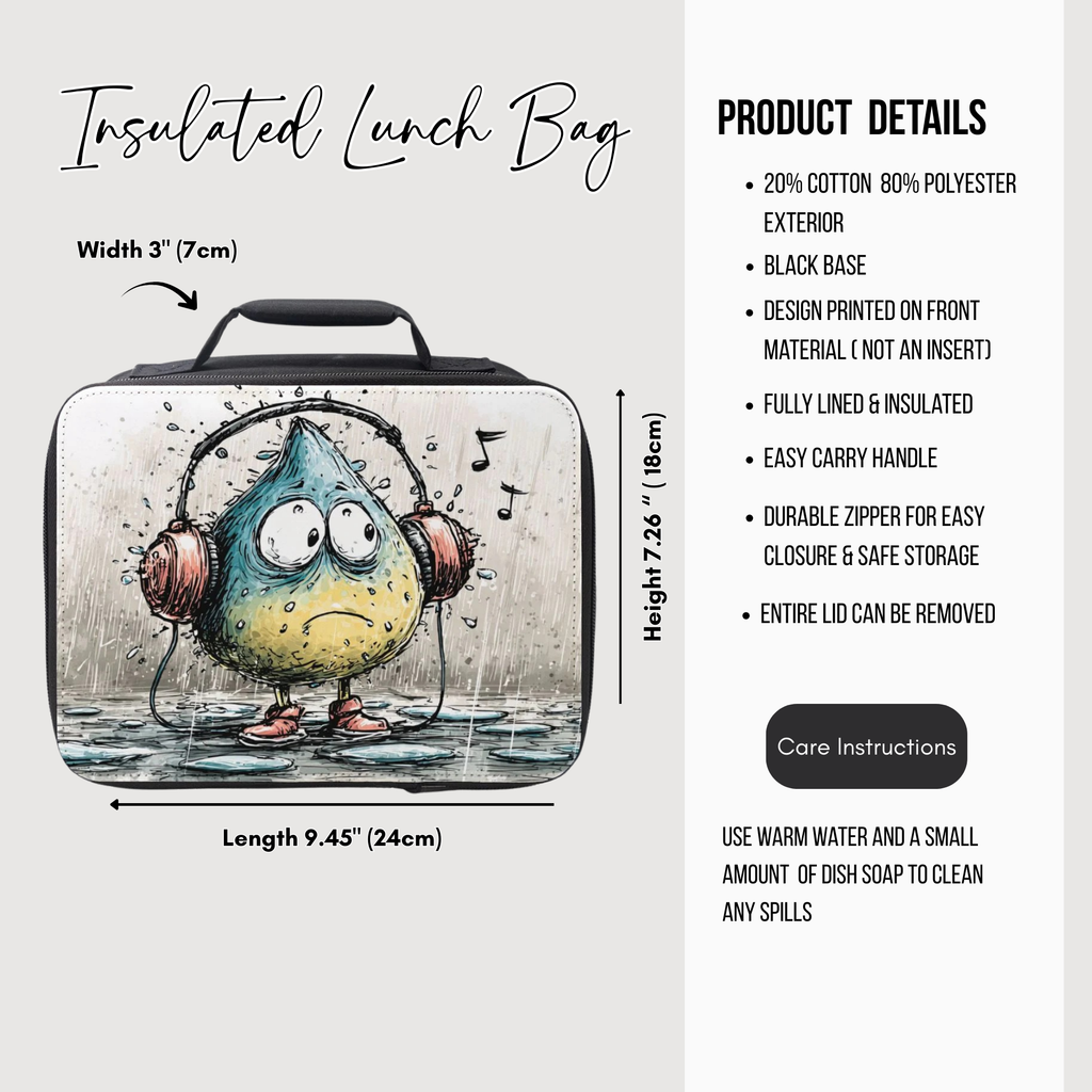 Insulated lunch bag with cartoon raindrop design and product details on a white background