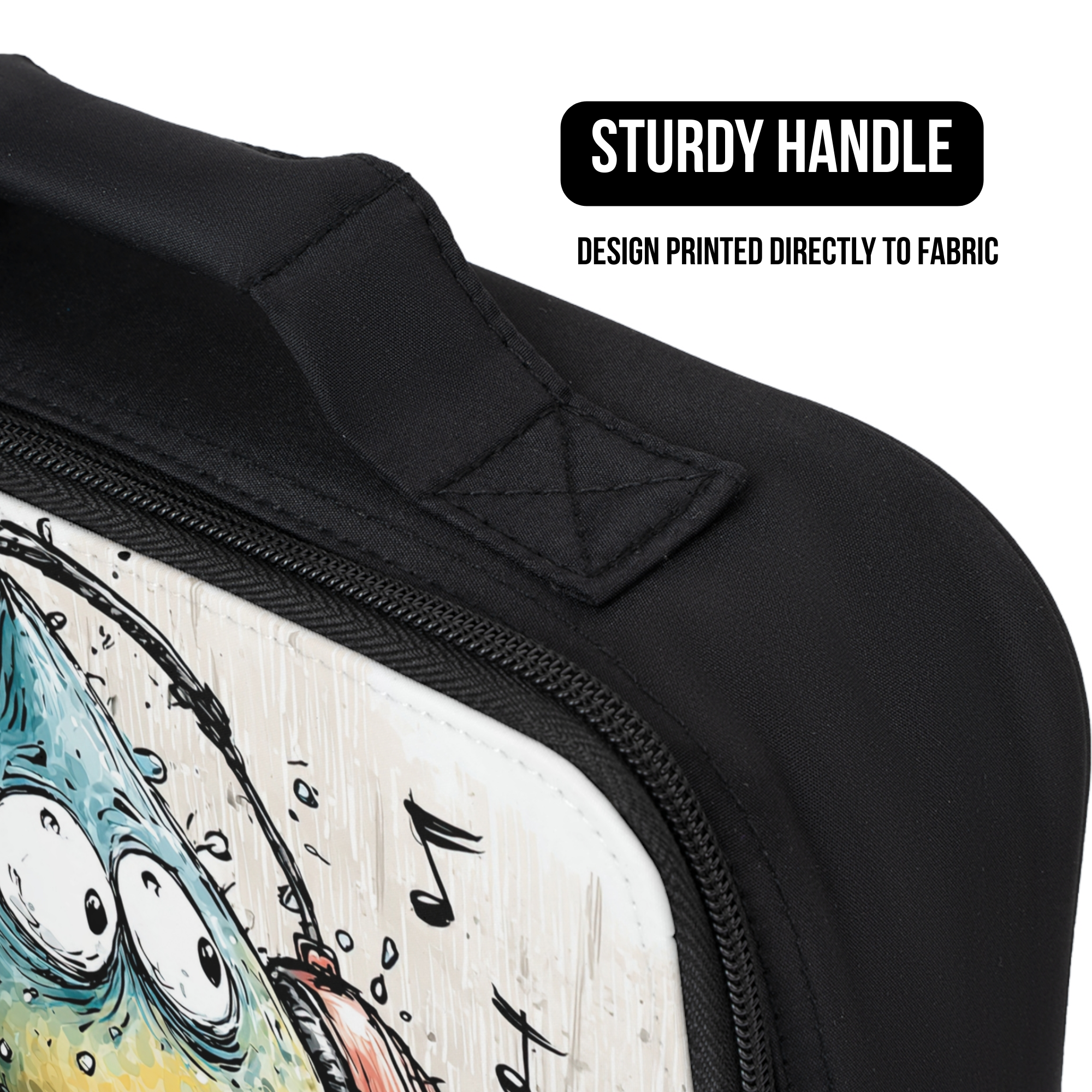 Black bag with a design printed directly to fabric, featuring a handle and text indicating the feature.