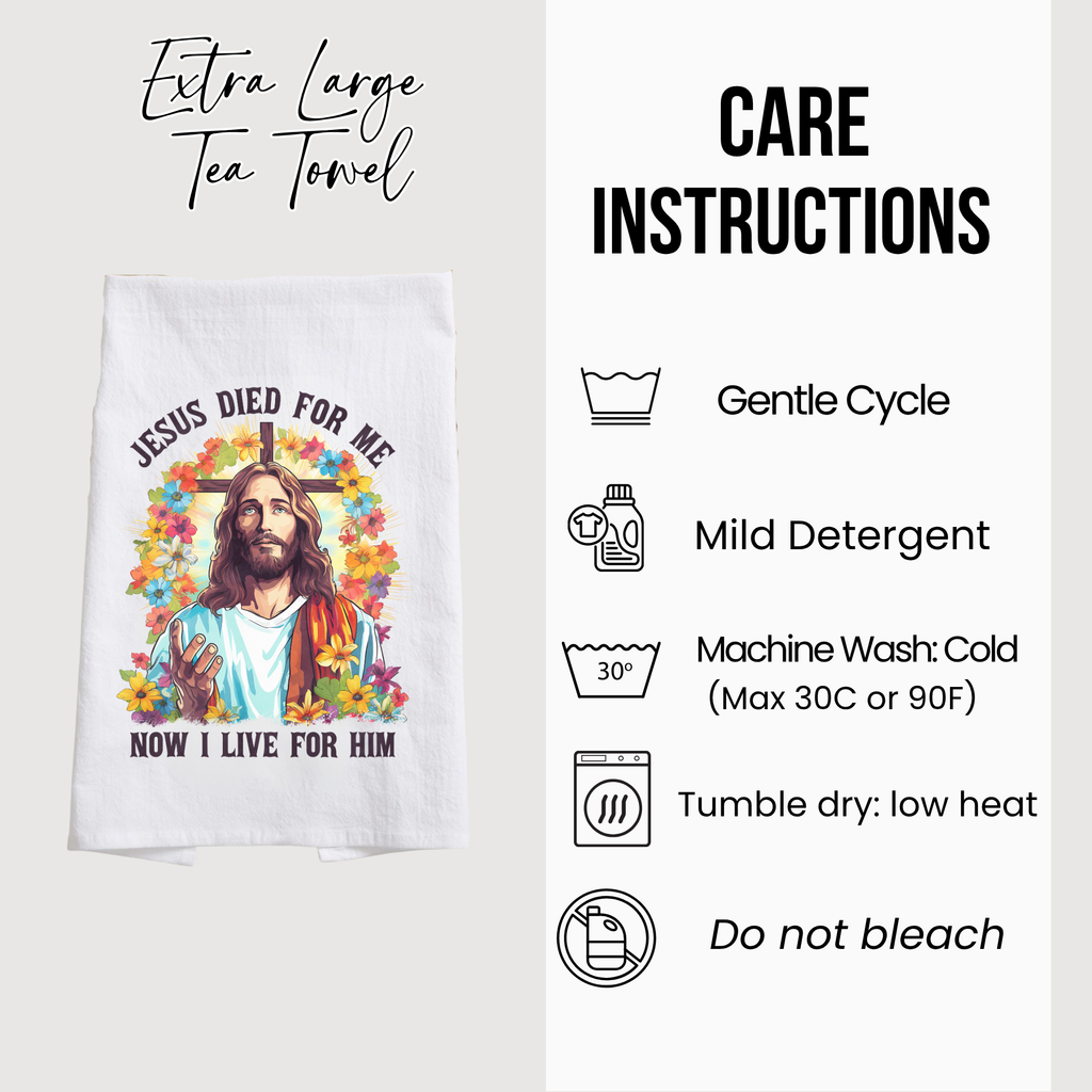 Tea towel with Jesus design and care instructions on a white background