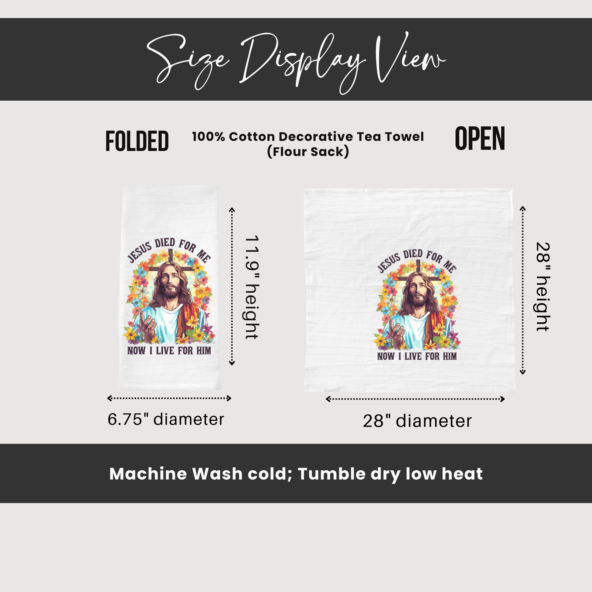 Size display view of a decorative tea towel with text and measurements.