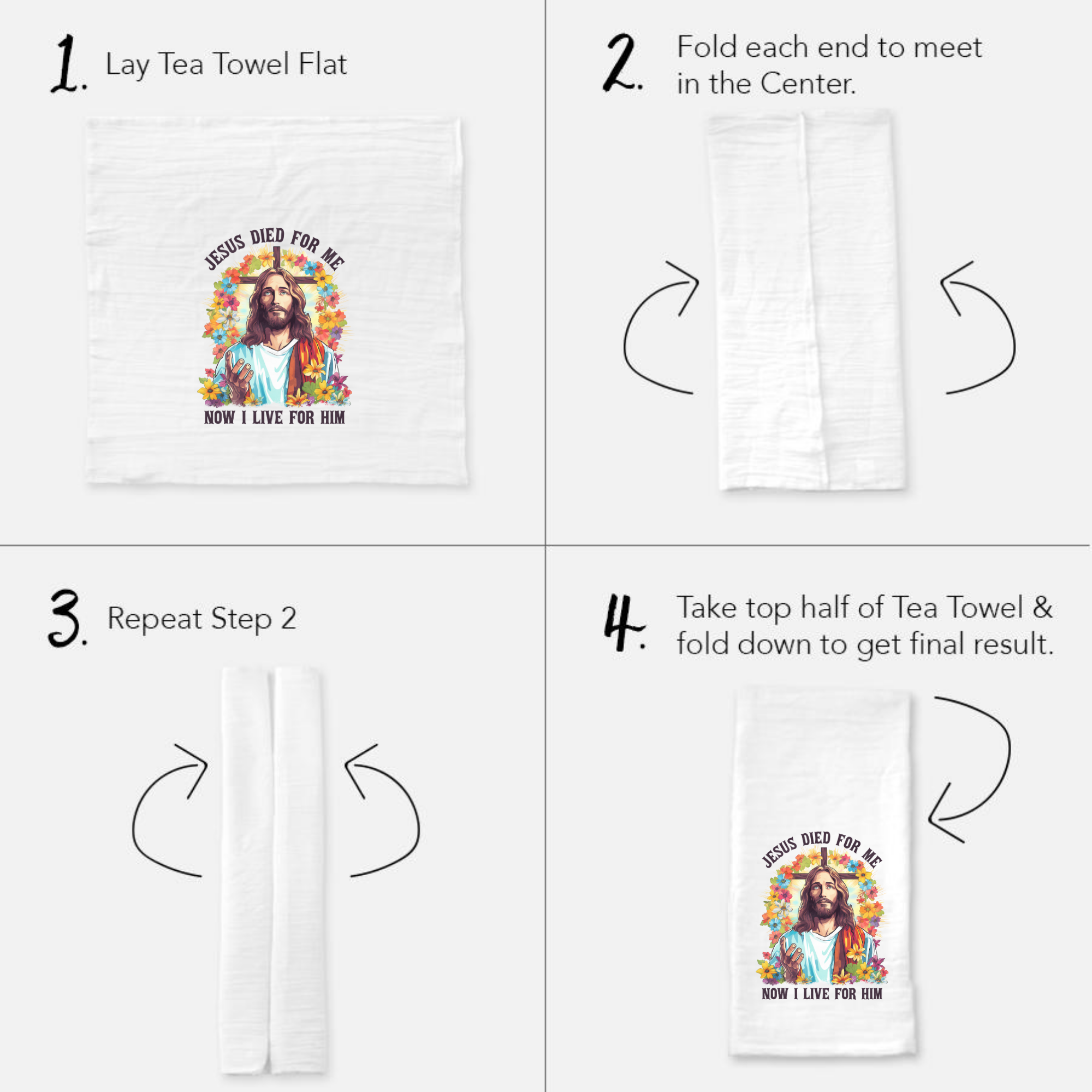 Instructions for folding a tea towel with a Jesus-themed design on a white background.
