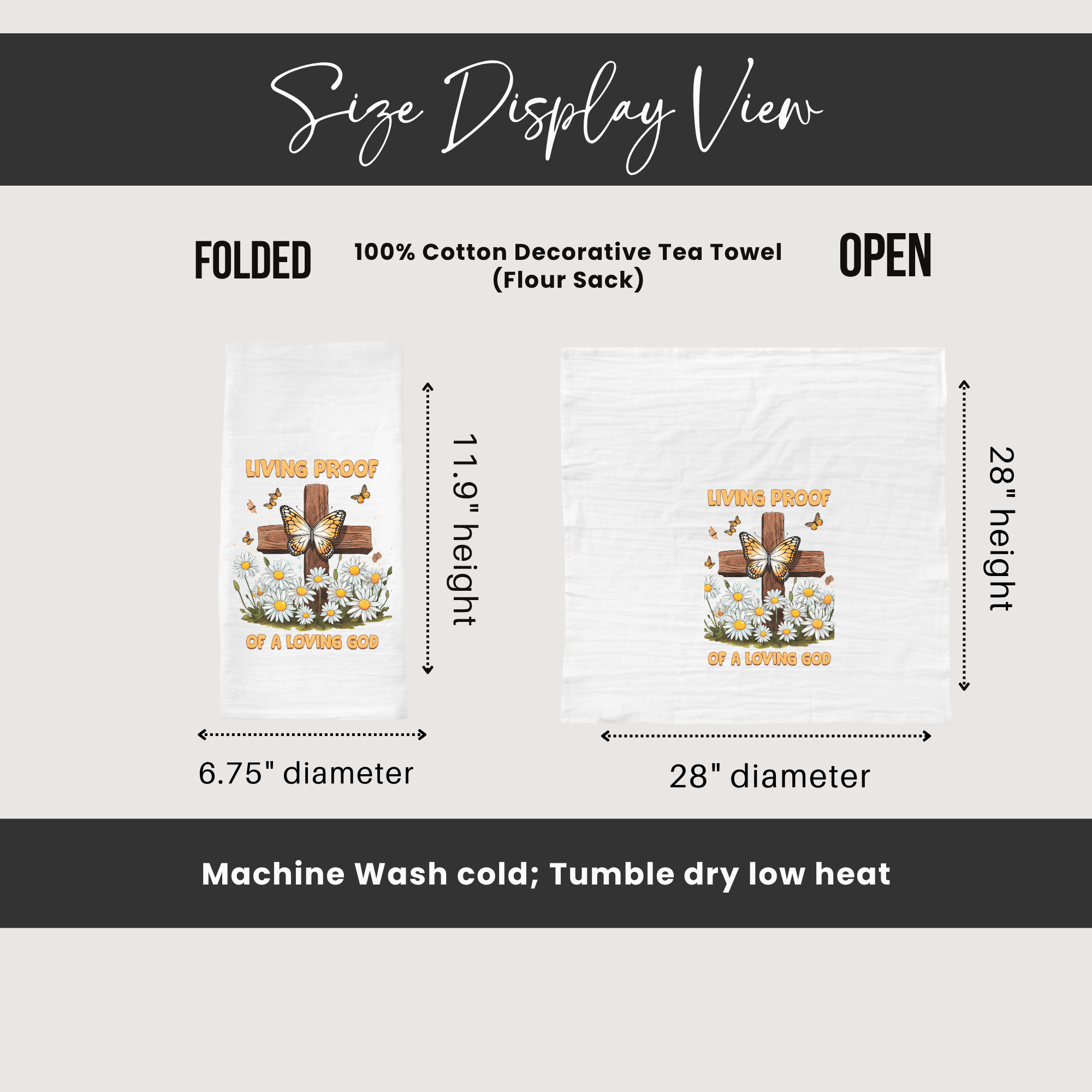 Size display view of a decorative tea towel with measurements and care instructions.