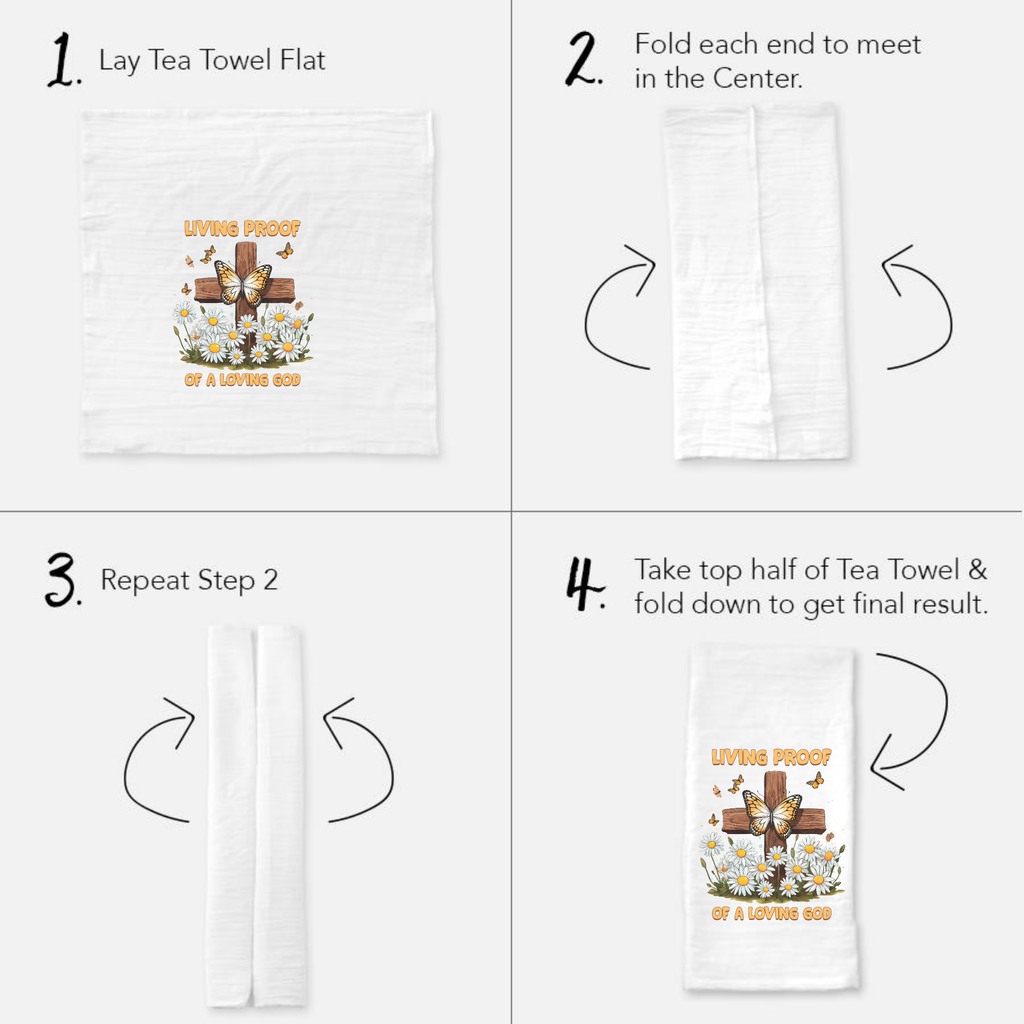 Instructions for folding a tea towel with a cross and flowers design.