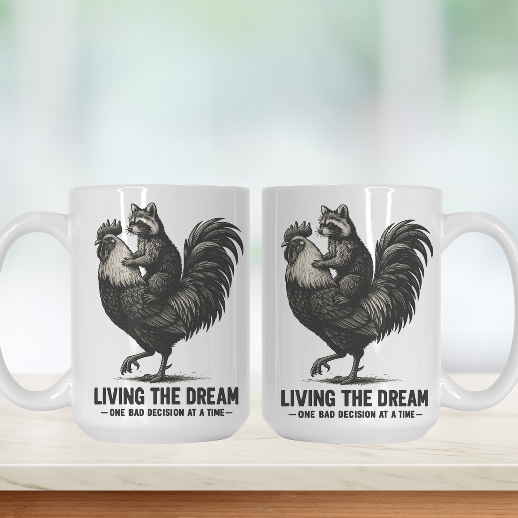 Two white mugs with a rooster and raccoon design and text on a light background