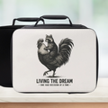  insulated lunch bag with rooster and raccoon illustration and 'Living the Dream' text