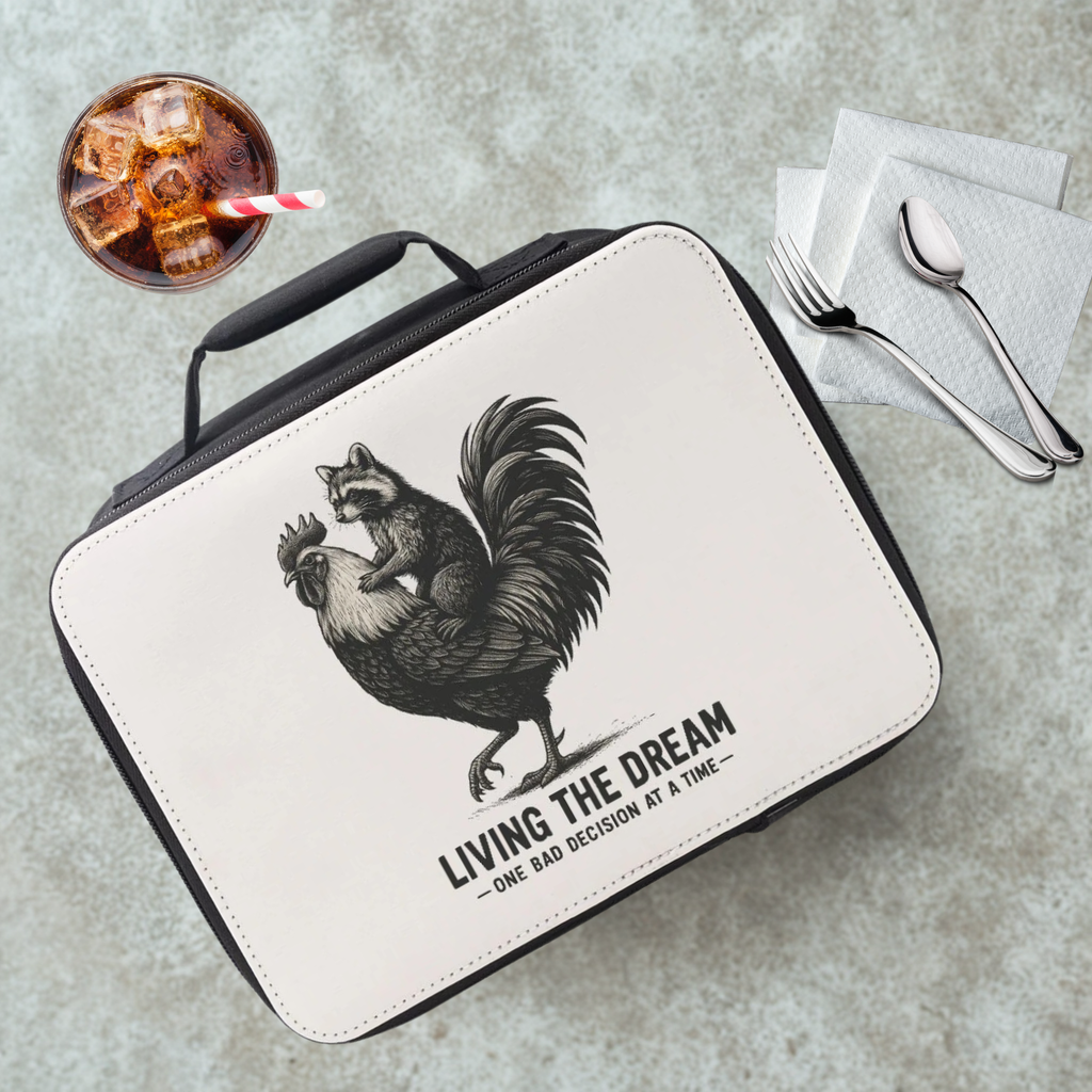 Lunch bag with rooster and raccoon design and text 'Living the Dream' on a concrete surface with a drink and utensils.