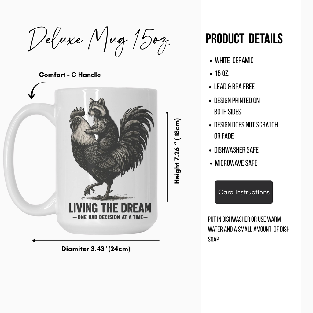 White ceramic mug with rooster and raccoon design and product details on a white background