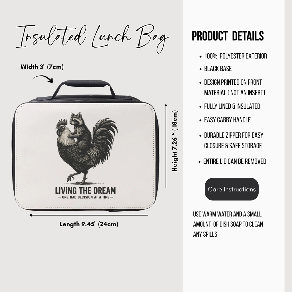 Insulated lunch bag with rooster design and product details on a white background