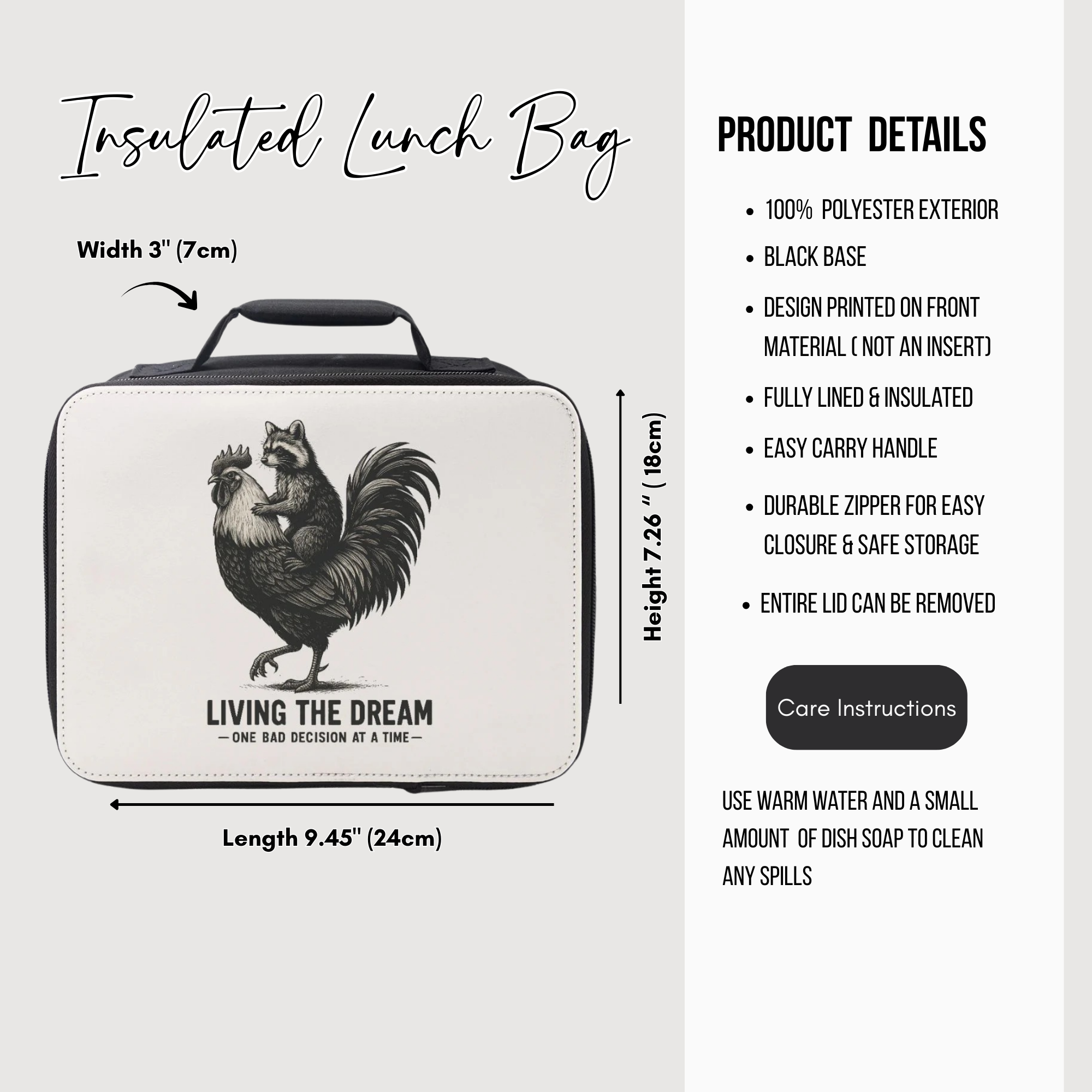 Insulated lunch bag with rooster design and product details on a white background