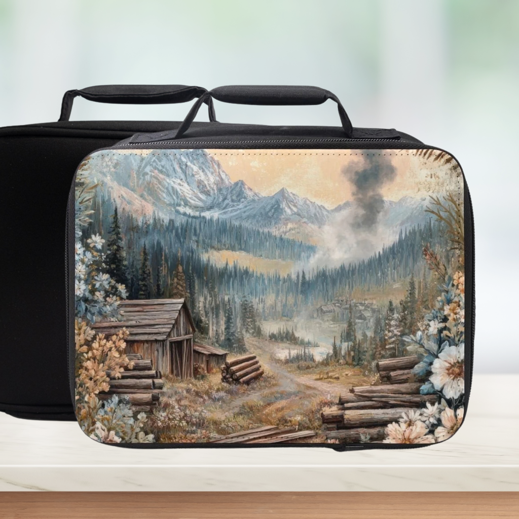 Lunch bag with nature-themed design featuring mountains and a cabin on a white background