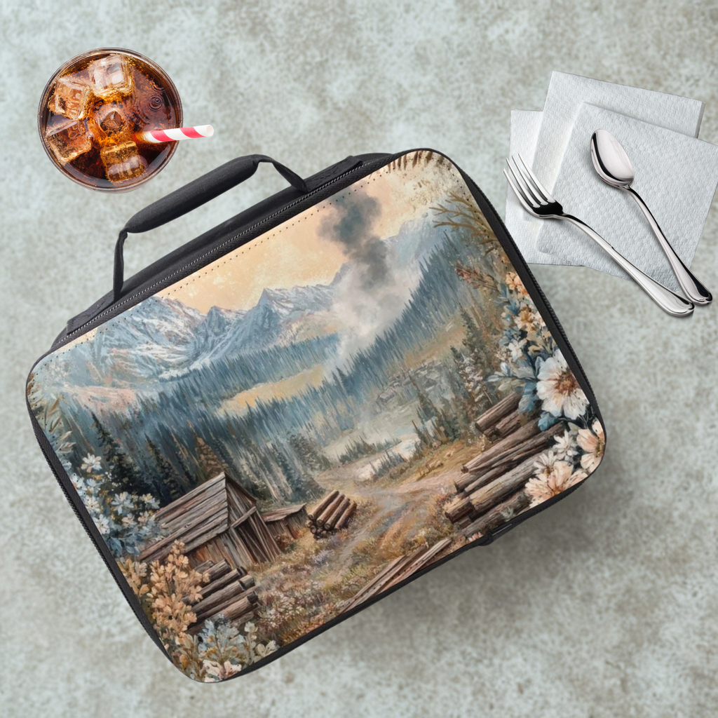 Lunch bag with mountain and cabin design on a cafeteria table with a drink and utensils.