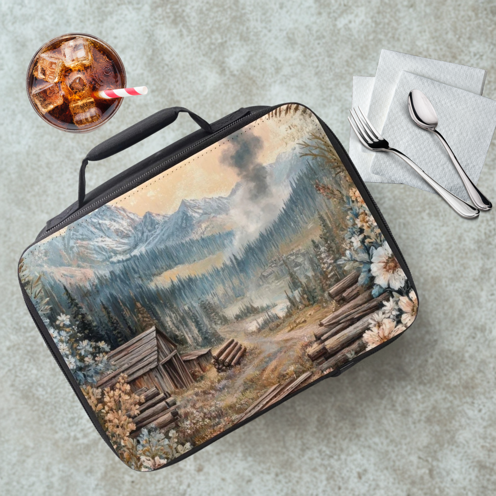 Lunch bag with mountain and cabin design on a cafeteria table with a drink and utensils.