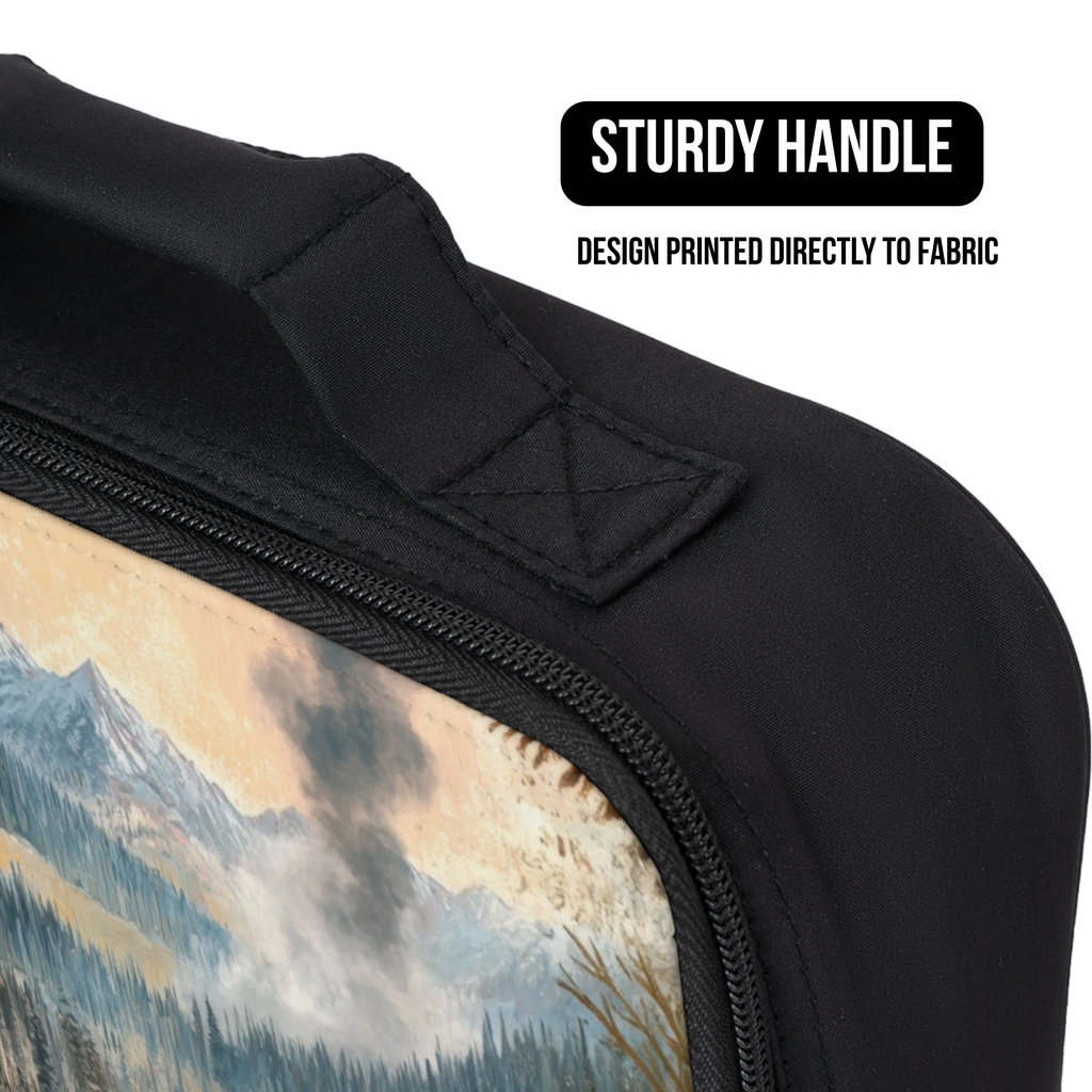 Black lunch bag with mountain design and 'Sturdy Handle' text