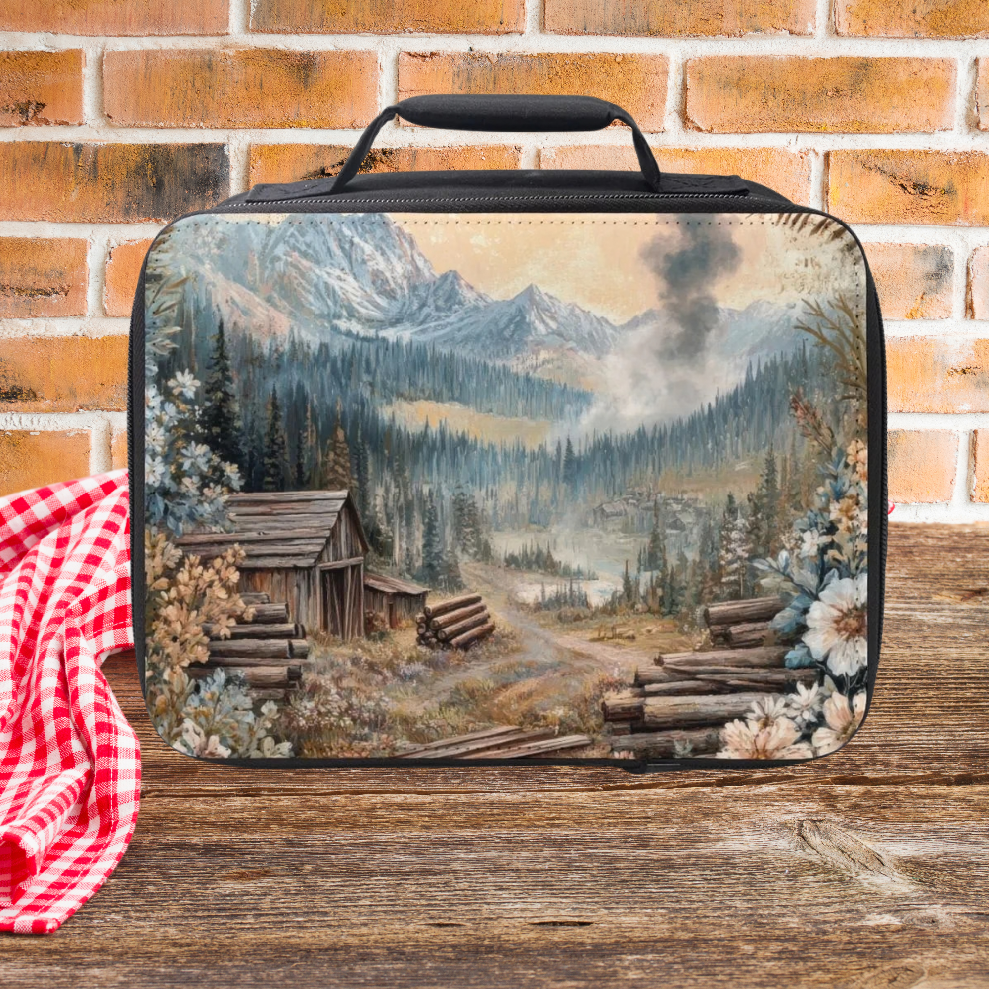 Lunch bag with nature  and logging camp design  on a wooden picnic table and brick wall background