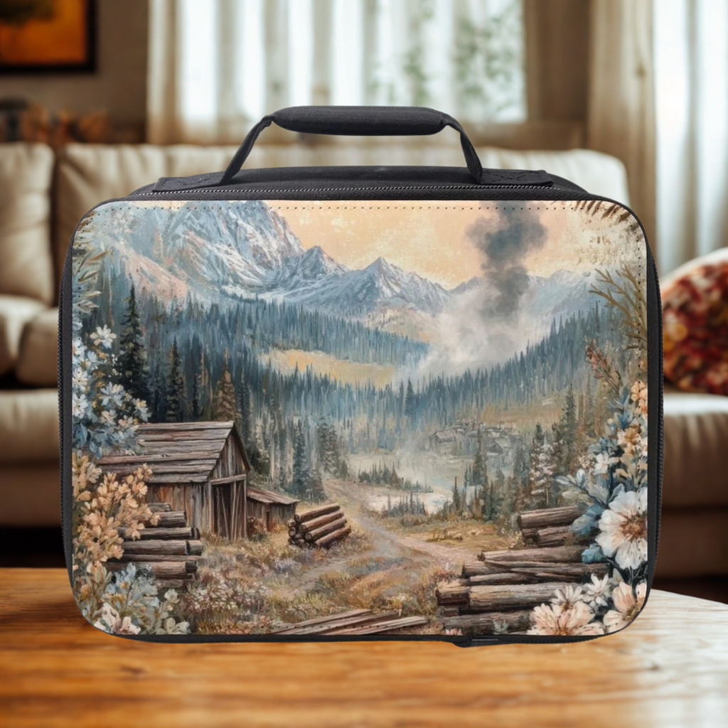 Lunch bag with mountain and cabin design on a wooden table in a cozy living room.