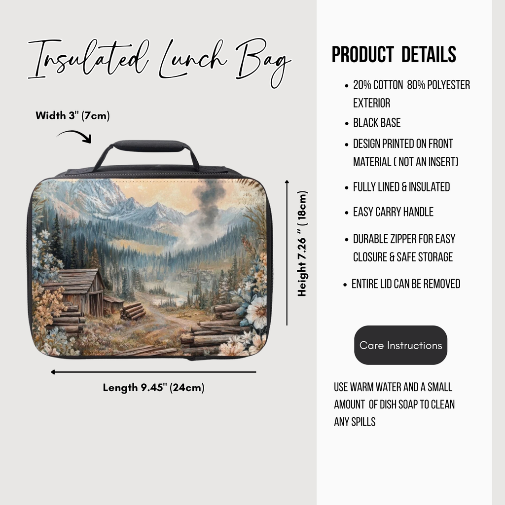 Insulated lunch bag with scenic design and product details on a white background