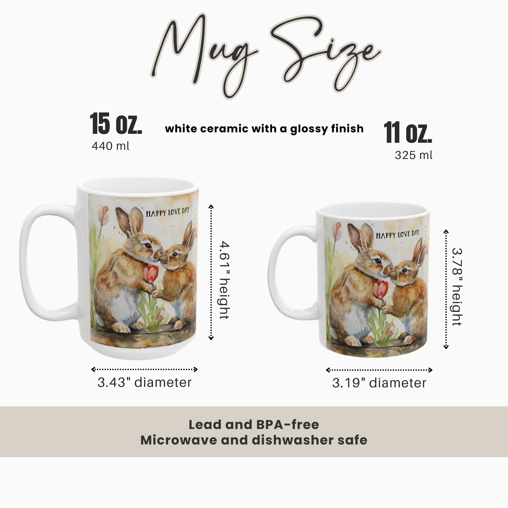 Two mugs with rabbit design, showing size comparison and measurements.