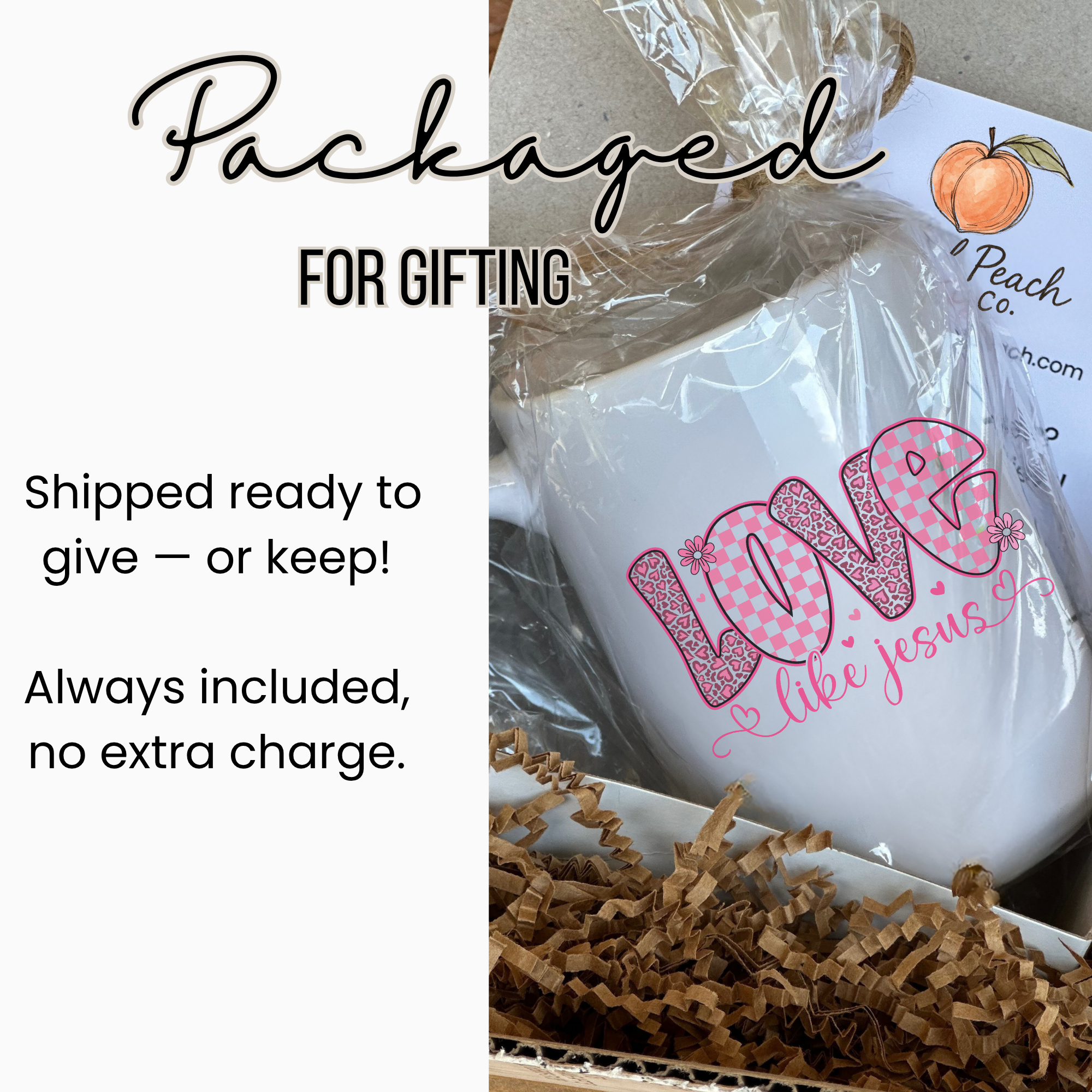 Product wrapped in cellophane with 'Peach Co' branding, labeled 'Packaged for Gifting'.