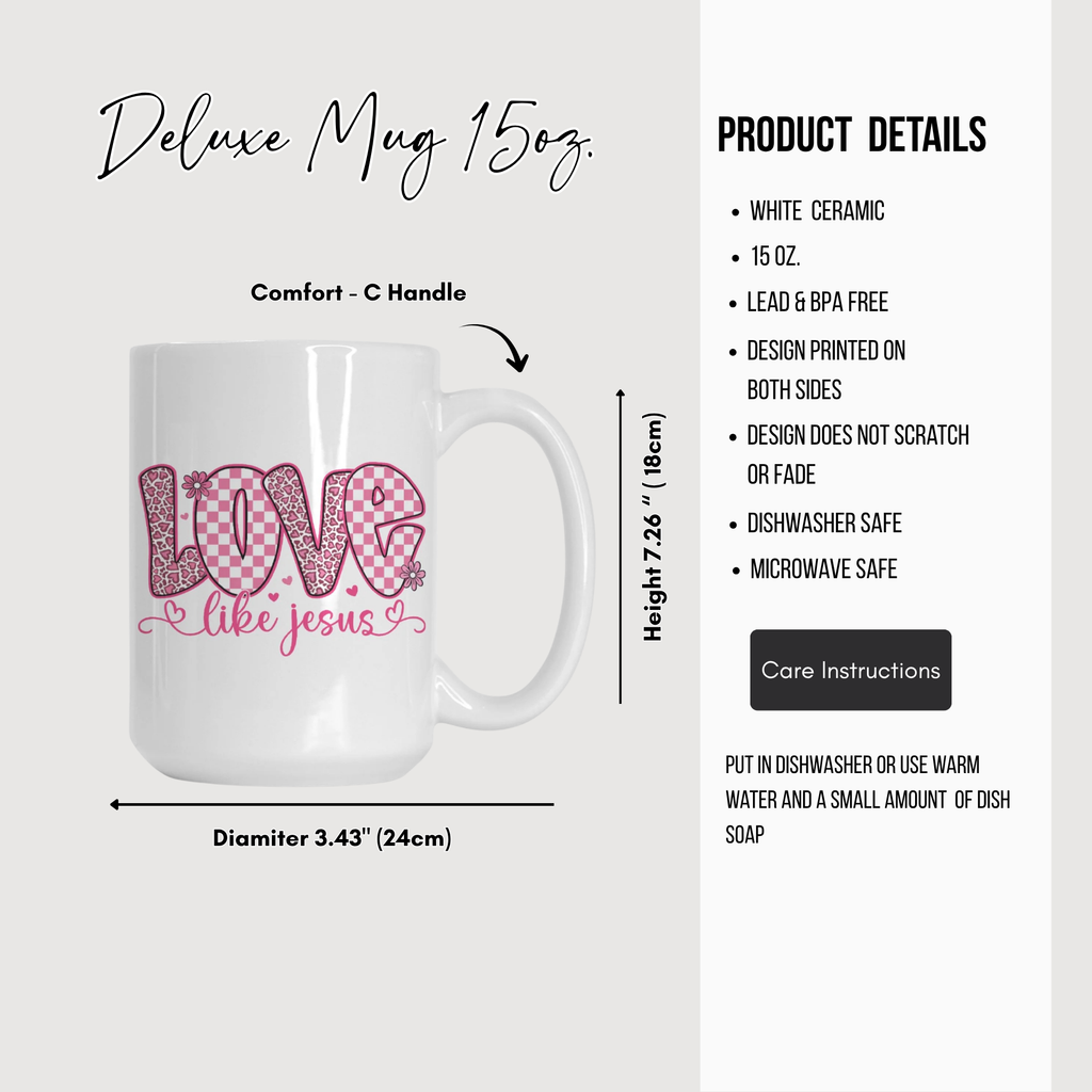White mug with 'Love like Jesus' design, featuring product details on a white background.
