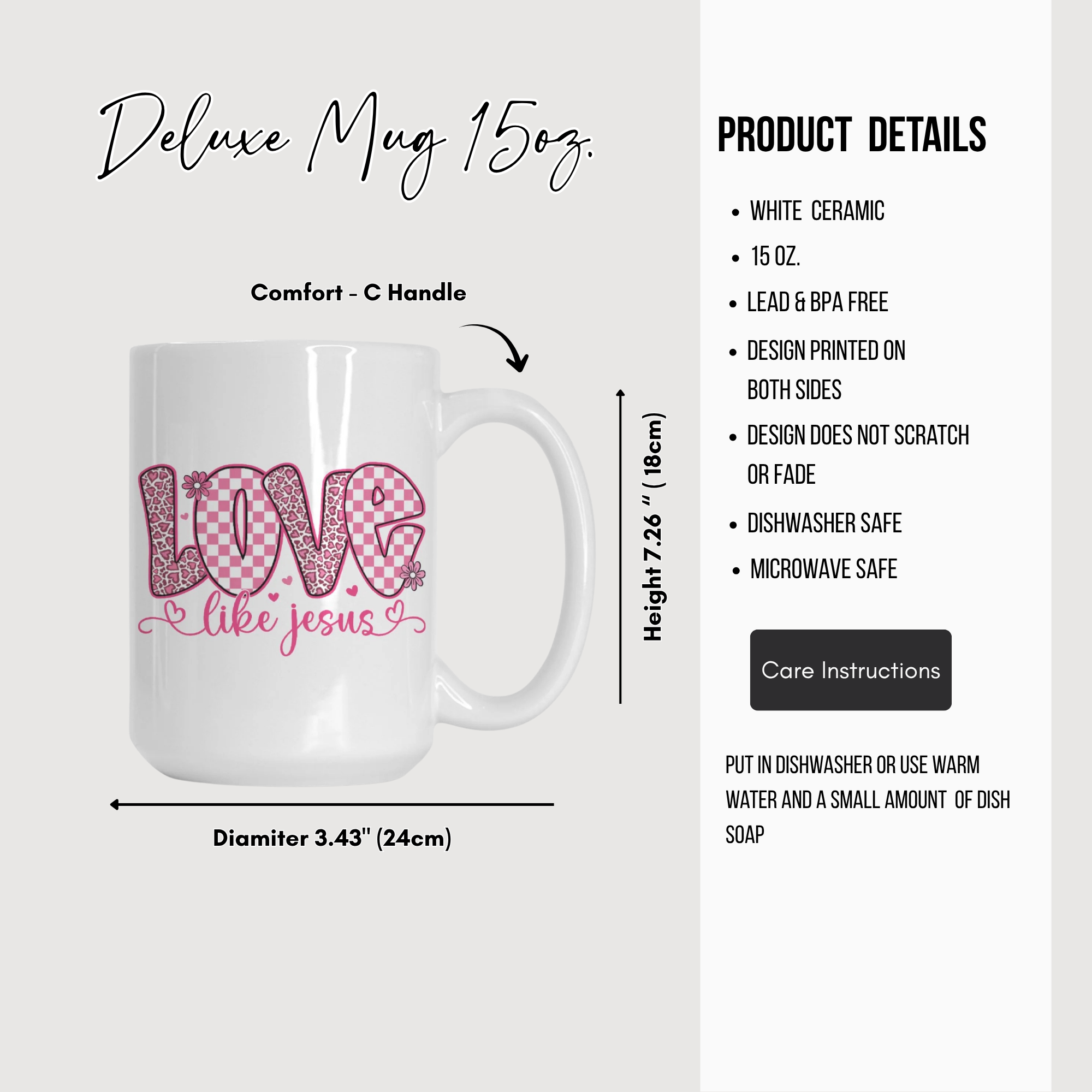 White mug with 'Love like Jesus' design, featuring product details on a white background.