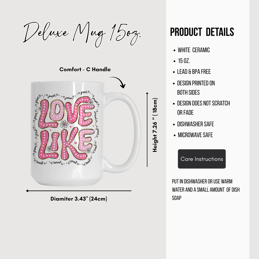 White ceramic mug with 'LOVE LIKE' design, featuring dimensions and product details.